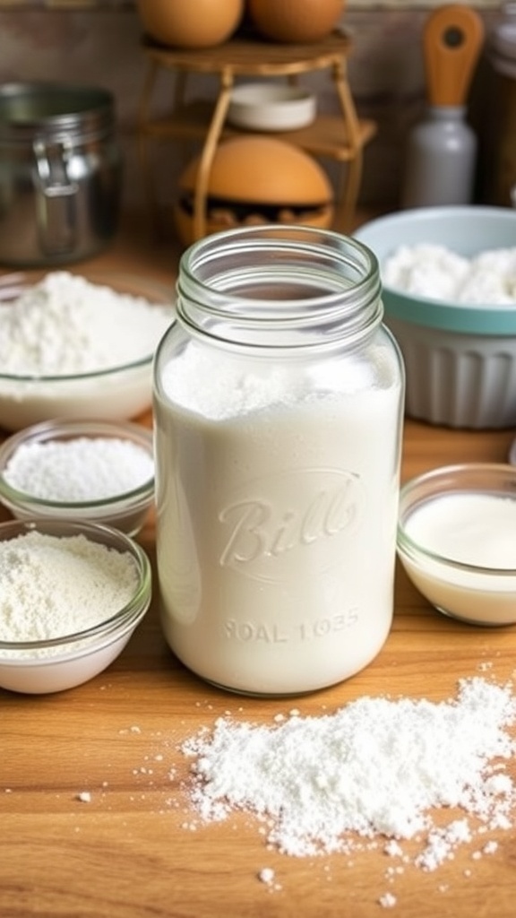 A jar of gluten-free flour blend with bowls of rice flour, tapioca flour, and potato starch on a wooden countertop.